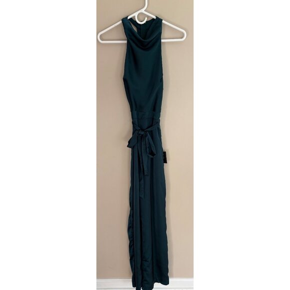 Lulus Luxe Vision Satin Halter Wide-Leg Jumpsuit Dark Teal Women’s Medium NWT - Picture 2 of 12